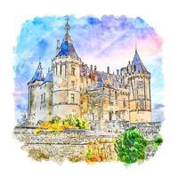chateau de saumur castillo francia acuarela boceto dibujado a mano ilustración