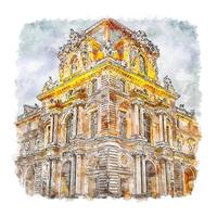 Louvre Museum Paris France Watercolor sketch hand drawn illustration vector