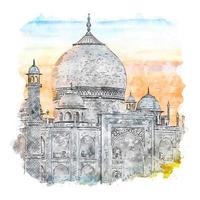 Taj Mahal India Watercolor sketch hand drawn illustration vector