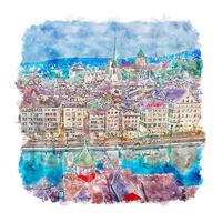 Zurich Switzerland Watercolor sketch hand drawn illustration vector