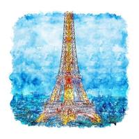 noche torre eiffel parís francia acuarela boceto dibujado a mano ilustración