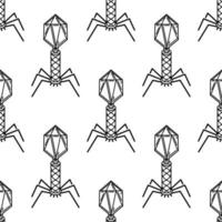 Bacteriophage seamless vector pattern.Virus infecting bacterial cells. Microorganism with a protein coat, fiber tail. Outline isolated on white. Background for scientific sites, medical brochures, web