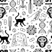 Monkeypox seamless vector pattern. Viral infection symbol - monkey, virus, lab test, DNA, skin with rash, medicines. Contagious disease, black and white outline. Background for web, scientific sites