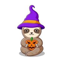 Cute sloth cartoon in a witch hat holding pumpkin vector