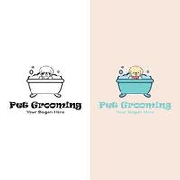 Dog care. Flat vector illustration. Cute dog shower in bath. Logo for pet hair salon, pet styling and grooming shop.