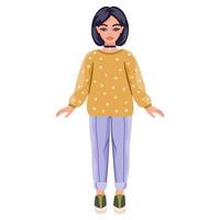 Awesome female character in trendy autumn outfits. Black haired young woman in jeans and sweater. Paper doll character. vector