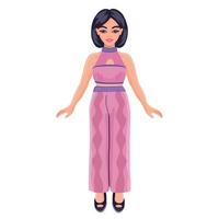 Cartoon woman in pink cropped top and printed trousers. Cute paper doll in trendy colourful outfits. Dress up game. vector