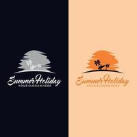 logotipo, icono e ilustración de mar y verano. logo de verano sobre el tema del turismo con palmeras mar y la inscripción vacaciones de verano vector
