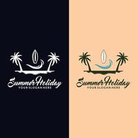 logotipo, icono e ilustración de mar y verano. logo de verano sobre el tema del turismo con palmeras mar y la inscripción vacaciones de verano vector