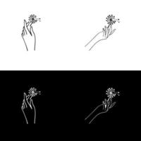 flor de diente de león en la plantilla vectorial del logotipo de la mano. concepto de salón de belleza, accesorios, moda, cosmética. vector