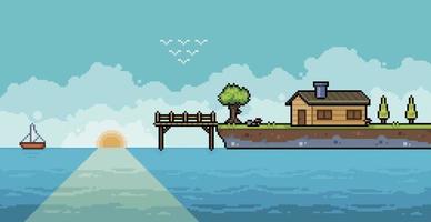 Fondo de pantalla de pixel art lake house con cubierta de madera y árboles de fondo de 8 bits vector