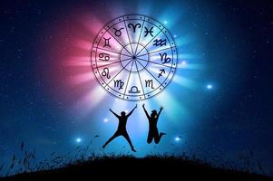 Zodiac signs inside of horoscope circle. Astrology in the sky with many stars and moons  astrology and horoscopes concept photo