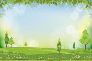 Vector Spring nature background with snowdrop flower and green grass field, Summer background with branches leave on boarder and blurry bokeh light effect. Template banner for Easter concept