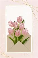 ramo de tulipanes rosas dentro del sobre, flores de primavera pintadas a mano de color agua con marco dorado sobre fondo de mármol, tarjeta de felicitación de ilustración vectorial o invitación de boda, día de la madre, día de San Valentín vector