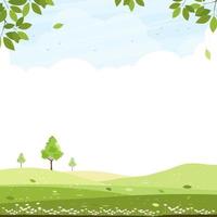 Spring nature landscape with flying birds,cloud, blue sky over green field with trees and leave on boarder. Vector Scenery background, Summer rural or Spring meadow with wild flower,Easter banner