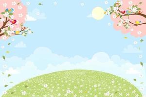 campo verde del paisaje de primavera con marco de flor de cerezo, escena de verano de dibujos animados vectoriales con pájaro en ramas blancas de sakura y campo de margaritas. linda pancarta para hola primavera o fondo de pascua vector