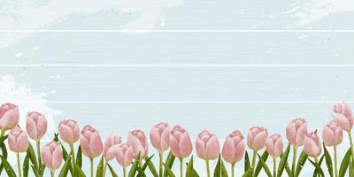 fondo de primavera con pintura digital de acuarela de tulipanes en panel de madera, banner de ilustración vectorial flor rosa floreciendo en textura de tablón de madera para vacaciones de verano o día de la madre, tarjeta de invitación de boda vector