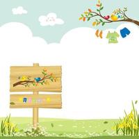 Spring background with wooden signboard with welcome flags on wooden signboard,Kid clothe hanging  on tree with blue sky background,Vector Banner of green grass field in Sunny day,Easter greeting card vector