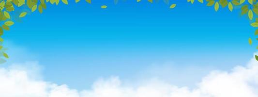 Spring background green leaves frame on blue sky over fluffy cloud background, Vector cartoon horizon banner with copy space of Sunny day on morning, Backdrop for Easter, Hello Spring, Summer Holiday