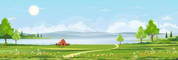 paisaje primaveral en el pueblo junto al lago con campos verdes, montaña, cielo azul y nubes, paisaje de dibujos animados de naturaleza vectorial en verano, campo rural panorámico junto al río con cielo despejado por la mañana vector