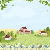 Spring field with cottage house and cloud on blue sky,Cute cartoon rural landscape green grass with honey bee collecting pollen on flowers in sunny day Summer,Vector background banner for Springtime vector