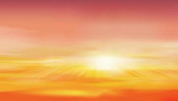 amanecer en la mañana con cielo naranja, amarillo y rosa, espectacular paisaje crepuscular con puesta de sol en la noche, horizonte de malla vectorial banner de puesta de sol o luz solar durante cuatro estaciones de fondo vector
