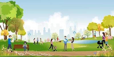 Morning city park with family having fun in the park,boys walking the dog,man talking on phone, women sitting on bench, two guys reading a book under tree,City lifestyle of people in Summer time vector
