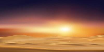 puesta de sol en el paisaje desértico con dunas de arena con cielo naranja en la noche, ilustración vectorial hermosa naturaleza con amanecer en la mañana, fondo de pancarta para el islam, musulmán para eid mubarak, eid al fitr