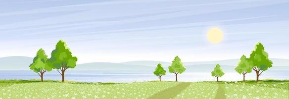 paisaje primaveral en el pueblo junto al lago con campos verdes, montaña, cielo azul y nubes, paisaje de dibujos animados de naturaleza vectorial en verano, campo rural panorámico junto al río con cielo despejado por la mañana vector