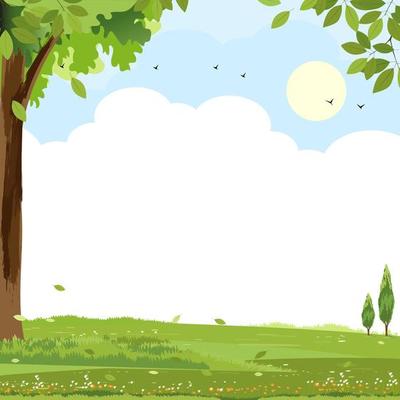 Spring nature landscape with flying birds,cloud, blue sky over green field with trees and leave on boarder. Vector Scenery background, Summer rural or Spring meadow with wild flower,Easter banner