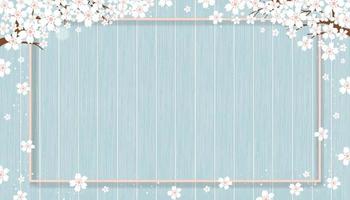 Spring background with cute flower border on wooden wall background, Vector illustration horizontal backdrop of blooming flora frame on wood panel textured,Holiday banner for Springtime or Summer sale