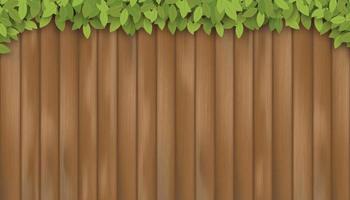 Wood background with green leaf frame,Vector illustration natural wild spring twigs climbing on brawn fence plank. Backdrob banner wooden board panel with fresh branches leaves border. vector