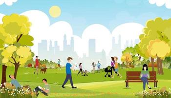 Morning city park with family having fun in the park,boys walking the dog,man talking on phone, women sitting on bench, two guys reading a book under tree,City lifestyle of people in Summer time vector