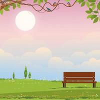 Spring background rural landscape, wooden bench on green grass field with cloud and blue sky in morning, Vector cartoon nature scenery Summertime in countryside with orange clear sky in evening