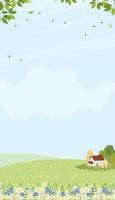 campo de primavera con casa de campo y nubes en el cielo azul, lindo paisaje rural de dibujos animados hierba verde con abejas volando sobre flores en verano soleado, banner de fondo vectorial vertical para pantalla web o móvil vector