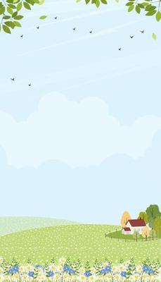 Spring field with cottage house and cloud on blue sky,Cute cartoon rural landscape green grass with bee flying on flowers in sunny day Summer,Vector vertical background banner for Web or Mobile screen