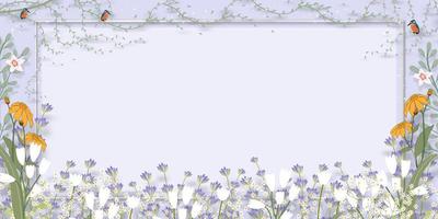 Spring background with violet lavender flower border on purple wall background, Vector illustration horizontal backdrop of blooming flora frame with bird,Holiday banner for Springtime or Summer sale