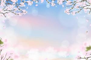 flor de cerezo de primavera sobre fondo de cielo azul y rosa pastel, ilustración vectorial flor de sakura rosa que florece en primavera con pétalos que caen, pancarta de fondo dulce para la venta de primavera o verano vector