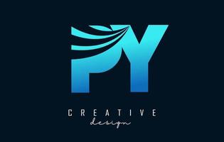 Creative blue letters PY p y logo with leading lines and road concept design. Letters with geometric design. vector