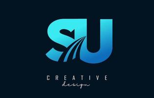 Creative blue letters SU s u logo with leading lines and road concept design. Letters with geometric design. vector