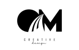 Creative black letters OM o m logo with leading lines and road concept design. Letters with geometric design. vector