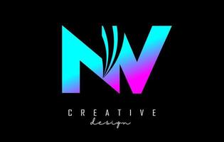 Creative colorful letters NV n v logo with leading lines and road concept design. Letters with geometric design. vector