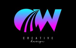 Creative colorful letters OW o w logo with leading lines and road concept design. Letters with geometric design. vector