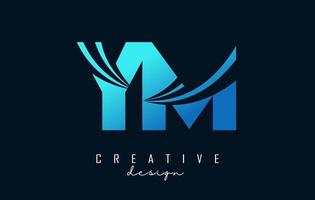 Creative blue letters YM y m logo with leading lines and road concept design. Letters with geometric design. vector