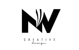 Creative black letters NV n v logo with leading lines and road concept design. Letters with geometric design. vector