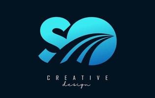 Creative blue letters SO s o logo with leading lines and road concept design. Letters with geometric design. vector