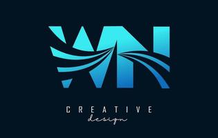 Creative blue letters WN w n logo with leading lines and road concept design. Letters with geometric design. vector
