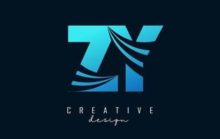 Creative blue letters ZY z y logo with leading lines and road concept design. Letters with geometric design. vector