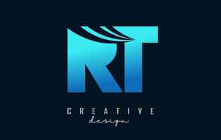 Creative blue letters RT R t logo with leading lines and road concept design. Letters with geometric design. vector