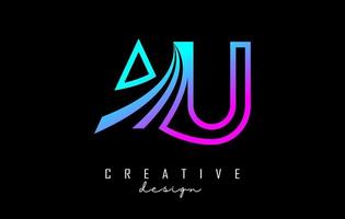 Outline colorful leading lines letters AU a u logo with road concept design. Letters AB with geometric design. vector